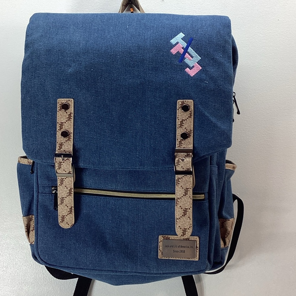 Jack and Jill of America, Inc. Blue Denim Backpack with Tan Leather & Gold Trim